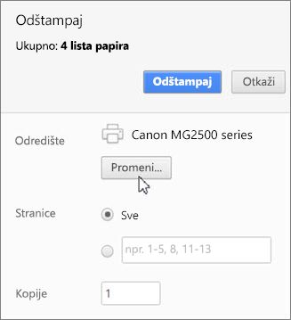 Kliknite na dugme „Promeni“ da biste odabrali štampač