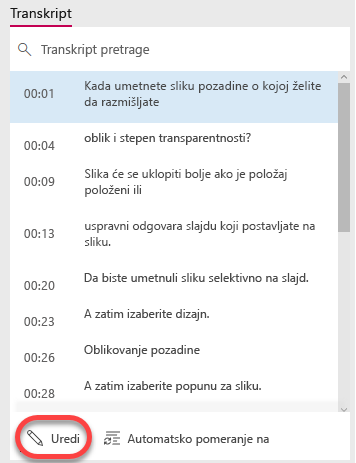 Kliknite na dugme Uredi na dnu prozora transkript