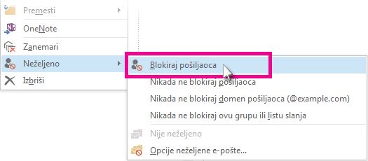 Komanda „Blokiraj pošiljaoca“ u listi poruka