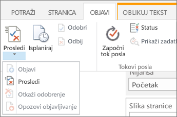 Prosleđivanje, objavljivanje dugmadi na kartici objavljivanje u režimu uređivanja.