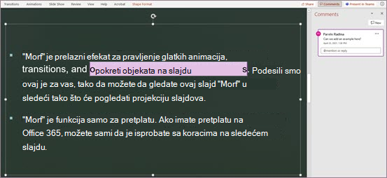 Komentar usidren u tekstu na slajdu