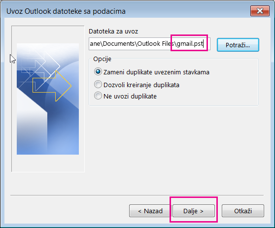 Izaberite pst datoteku koju ste kreirali da biste mogli da je uvezete.