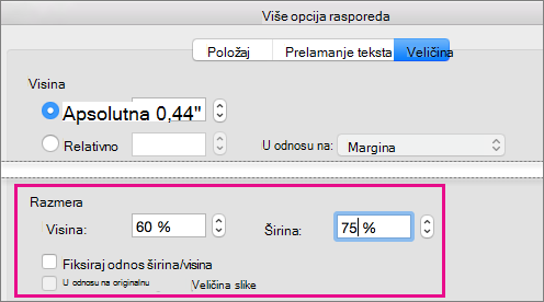 Na kartici Veličina u polju Napredni raspored markirane su opcije Razmere.