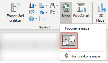 Da biste umetnuli grafikon mape, izaberite bilo koju ćeliju u opsegu podataka, a zatim idite na stavku Umetanje > Grafikoni > Mape > kliknite na ikonu Popunjena mapa.