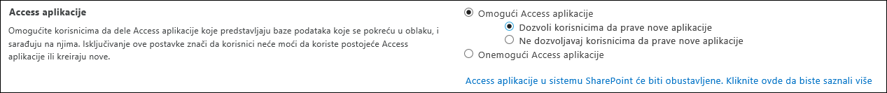 Snimak ekrana postavki Access aplikacije na stranici SharePoint centra administracije