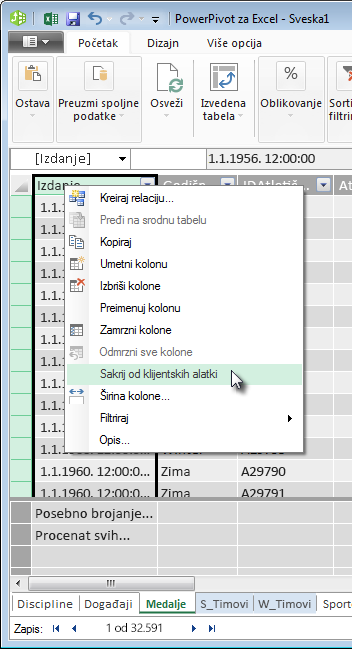 kliknite desnim tasterom miša da biste sakrili polja tabele od Excel klijentskih alatki