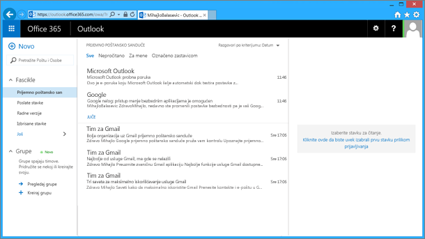 Kad uvezete e-poštu iz pst datoteke, pošta će se pojaviti i u programu OWA