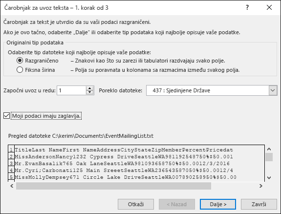 Excel – preuzimanje spoljnih podataka iz teksta, čarobnjak za uvoz teksta, korak 1 od 3
