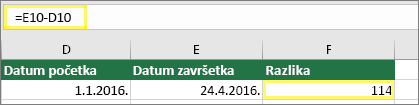 Ćelija D10 sa 1/1/2016, ćelija E10 sa 4/24/2016, ćelija F10 sa formulom: =E10-D10 i rezultatom 114