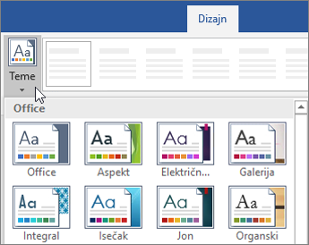 Opcije za teme na traci programa Word