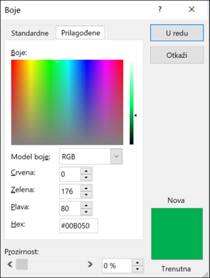 Birač boja u Office aplikacijama. Ispod RGB polja postoji novo polje za unos vrednosti heksadecimala.