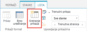 Dugme „Napravi prikaz“ na traci u SharePoint biblioteci.