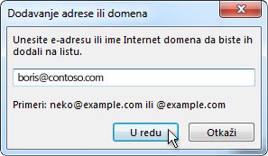 Dijalog za dodavanje adrese ili domena