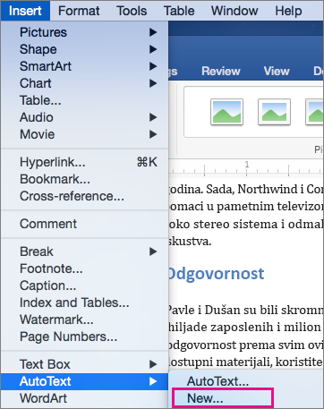 Insert menu with AutoText > New is highlighted.