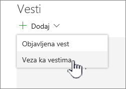 Dodavanje veze "Vesti" iz veb segmenta "Vesti"