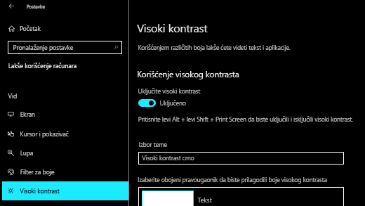 Uključite visoki kontrast u aplikaciji Windows 10 Postavke kontrast.