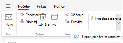 Snimak ekrana trake programa Outlook koji prikazuje postavku "Upravljanje brzim koracima"