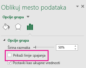 Okno zadatka „Oblikovanje mesta podataka“ sa neoznačenom opcijom „Prikaži linije spajanja“ u sistemu Office 2016