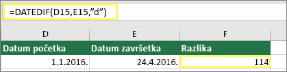 Ćelija D15 sa 1/1/2016, ćelija E15 sa 4/24/2016, ćelija F15 sa formulom: =DATEDIF(D15,E15,"d") i rezultatom 114