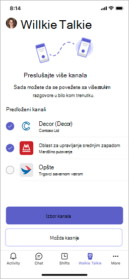 Voki-toki ekran koji prikazuje predložene kanale i dugme Izaberi kanale.