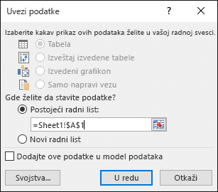 U dijalogu „Uvoz podataka“ odaberite podrazumevanu postavku – da stavite podatke na postojeći radni list – ili odaberite da ih stavite na novi radni list