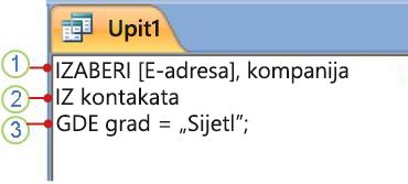 Kartica SQL objekta prikazuje instrukciju SELECT