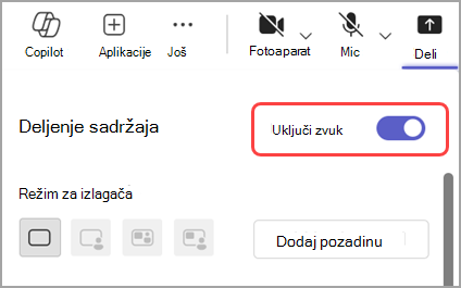 Uključite preklopnik Uključi zvuk da biste delili zvuk iz prozora koji delite.