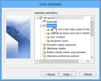 Kad uvezete Google Gmail kontakte u Office 365 poštansko sanduče, za odredište izaberite stavku „Kontakti“