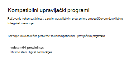 Funkcija windows integriteta memorije koja prikazuje da upravljački program nije kompatibilan