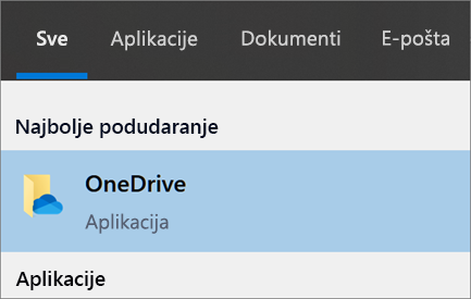 Snimak ekrana traženja OneDrive aplikacije za računare u programu Windows 10