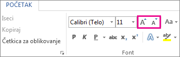 Okvir „Povećavanje i smanjivanje veličine fonta“ na kartici „Početak“