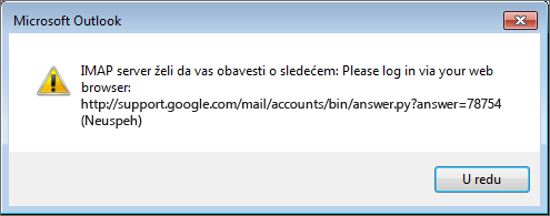 Ako dobijete poruku o grešci „IMAP server želi da vas obavesti o sledećem“, proverite da li ste postavke za niži stepen bezbednosti u usluzi Gmail podesili na opciju „Uključi“ da bi Outlook mogao da pristupa porukama.