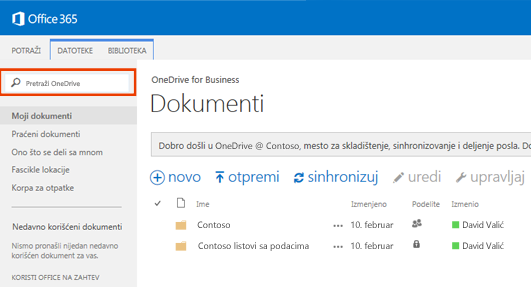 Snimak ekrana okvira za upit usluge One Drive u usluzi Office 365.