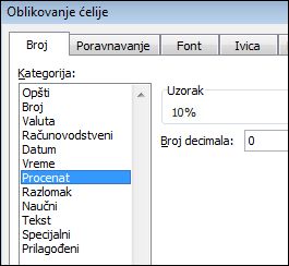 Kategorija „Procenat“ u dijalogu „Oblikovanje ćelija“