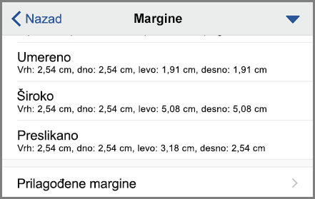 Prikazuje opcije margina