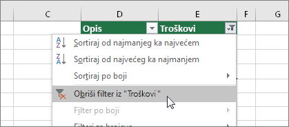 Meni „Filter“, Obriši filter...