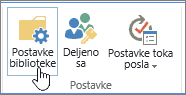 Dugmad za postavke SharePoint biblioteke na traci