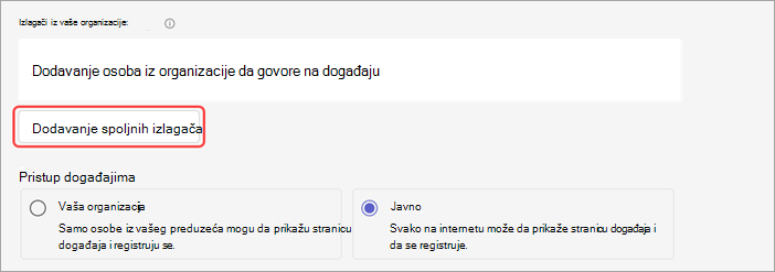 Snimak ekrana koji prikazuje kako se spoljni izlagači dodaju u vebinar