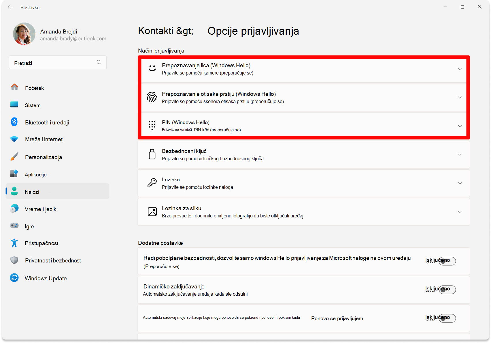 Snimak ekrana postavki – Opcije za konfigurisanje usluge Windows Hello.