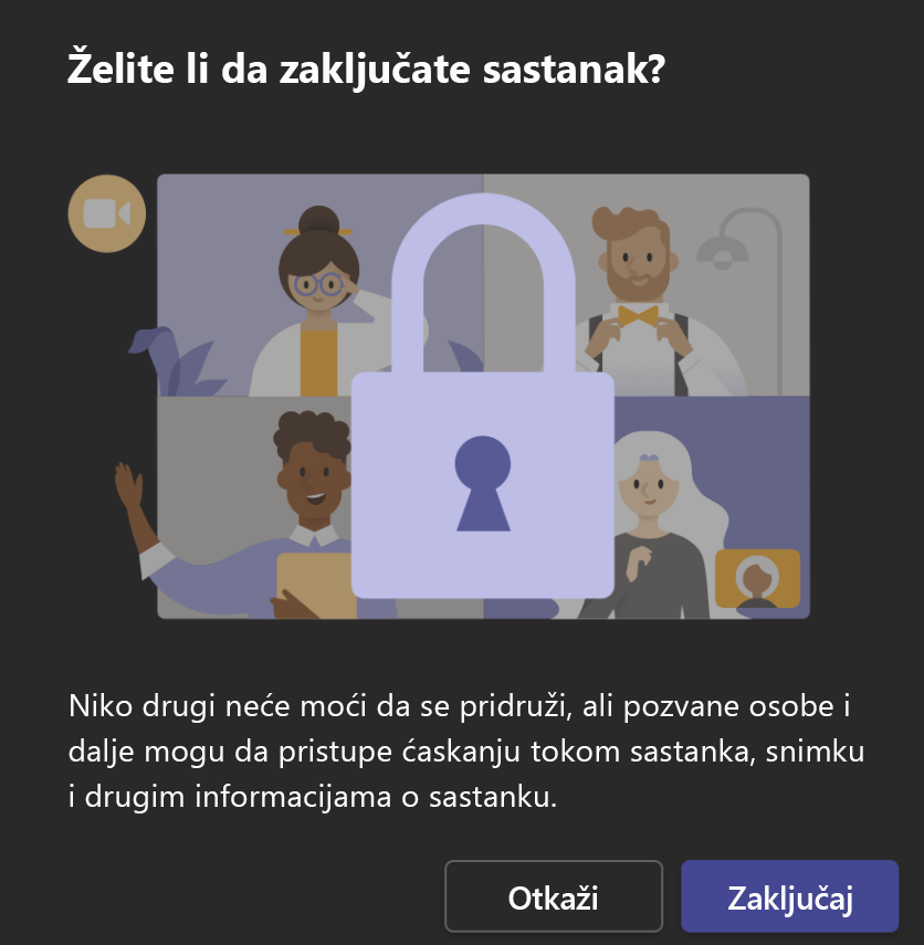Slika koja prikazuje zaključani ekran sastanka sa dugmetom „Zaključaj“ na dnu.