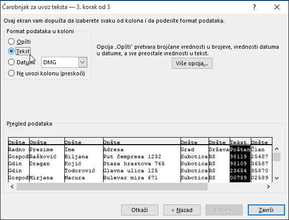 Opcija „Tekst“ za format podataka u koloni markirana je u čarobnjaku za uvoz teksta.