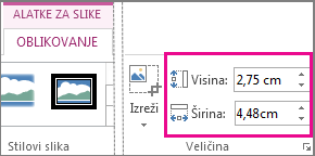 Polja „Visina“ i „Širina“ na kartici „Alatke za slike | Oblikovanje“