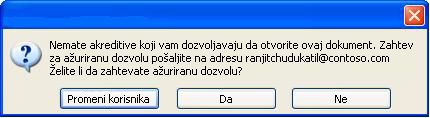 Dijalog u programu Word u kom je prikazan dokument sa ograničenom dozvolom koji je prosleđen neovlašćenoj osobi