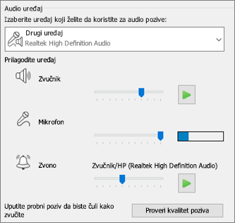 Prilagođene postavke – zvučnik, mikrofon, zvono – za audio uređaj