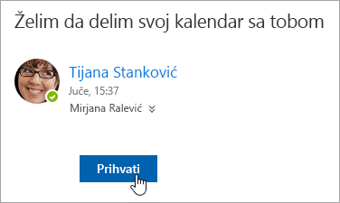 Snimak ekrana dugmeta „Prihvati“ u obaveštenju putem e-pošte o deljenom kalendaru.