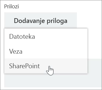 Snimak ekrana oblasti „Prilozi“ u prozoru zadatka sa otvorenom listom „Prilaganje“.