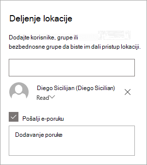 Dodavanje osobe u okno "Deljenje sajta"