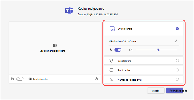 Odaberite izvor zvuka za sastanak sa ekrana pred pridruživanje.