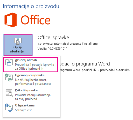 Ručno traženje Office ispravki u programu Word 2016