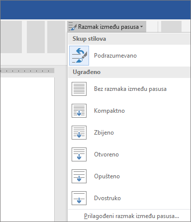 Opcije za promenu proreda između pasusa u programu Word